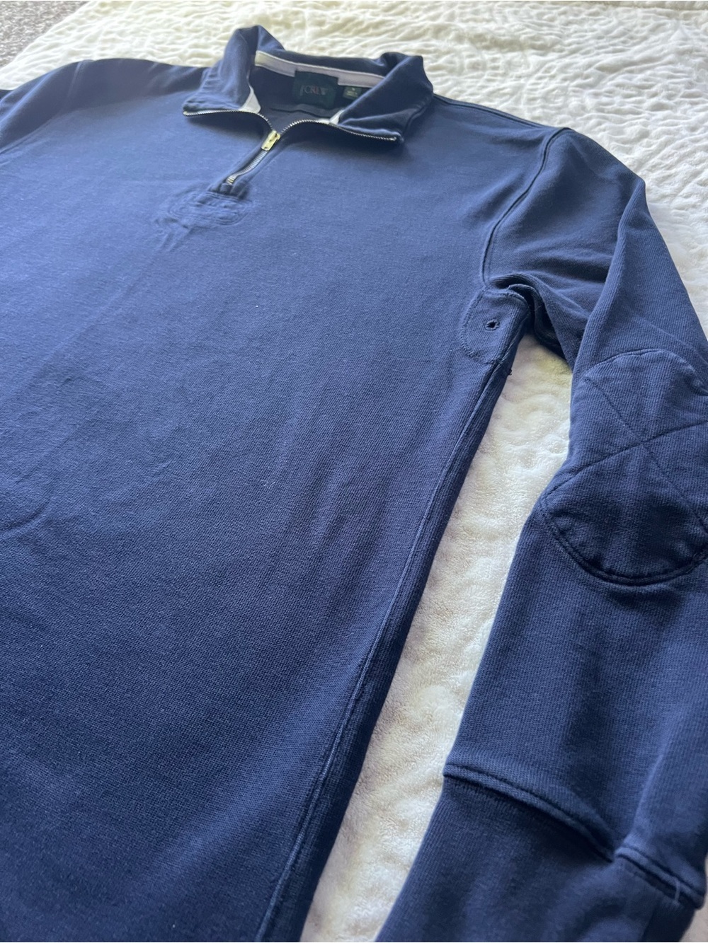 J Crew Men’s Navy Quarter Zip Pullover Elbow Patch Sweatshirt | Size S - Picture 3 of 9